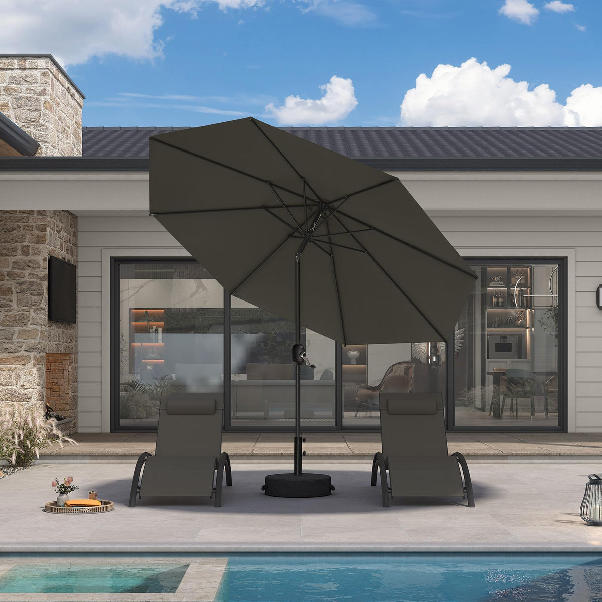PURPLE LEAF Pool Market Umbrella with Base 9' UV Protection Outdoor, Beige