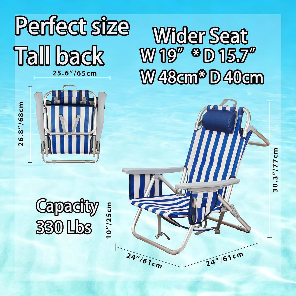Aluminum Backpack Low Profile Beach Chair - 5-Position Lay Flat Reclining Folding Chair with Removable Cooler Bag - Heavy Duty 330 lbs Capacity, Lightweight Portable Sand Seat(1, Stripe Blue)