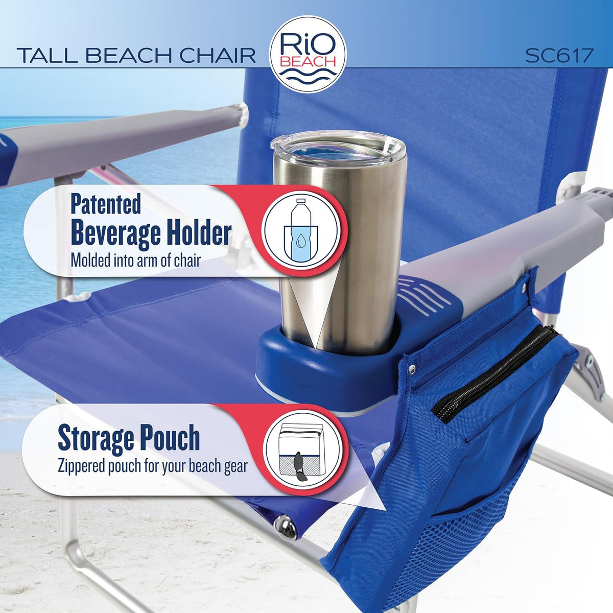 Rio Beach 2-Pack 17" Extended Height 4-Position Folding Beach Chair, Blue/White
