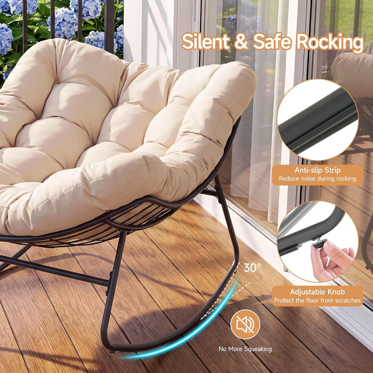 Papasan Rocking Chair, Oversized Outdoor Egg Chair with Thick Cushion