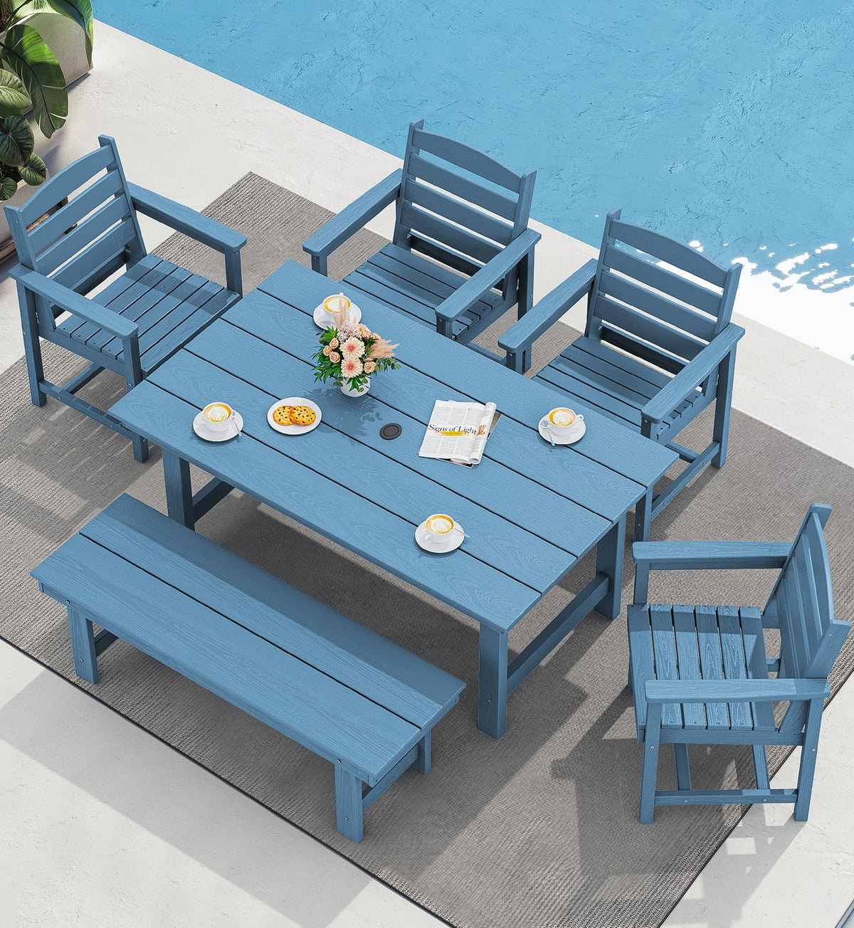 SERWALL 7 Pcs Outdoor Dining Set, 67" HDPE Dining Set for 6, Black