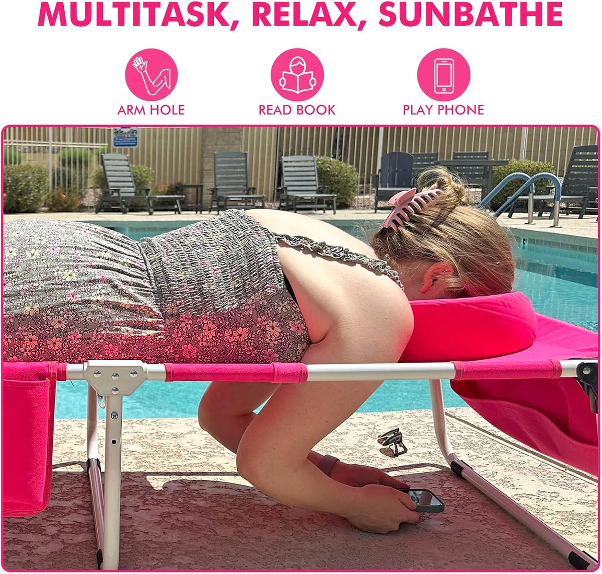 Tanning Chair with Sun Canopy Face Hole Softer Padded Adjustable Washable, Heavy Duty Layout Folding Lounge Chair for Adults Outside Beach Reading Sunbathing Poolside, UPF 50+ Sun Shade, Pink, 300 LBS