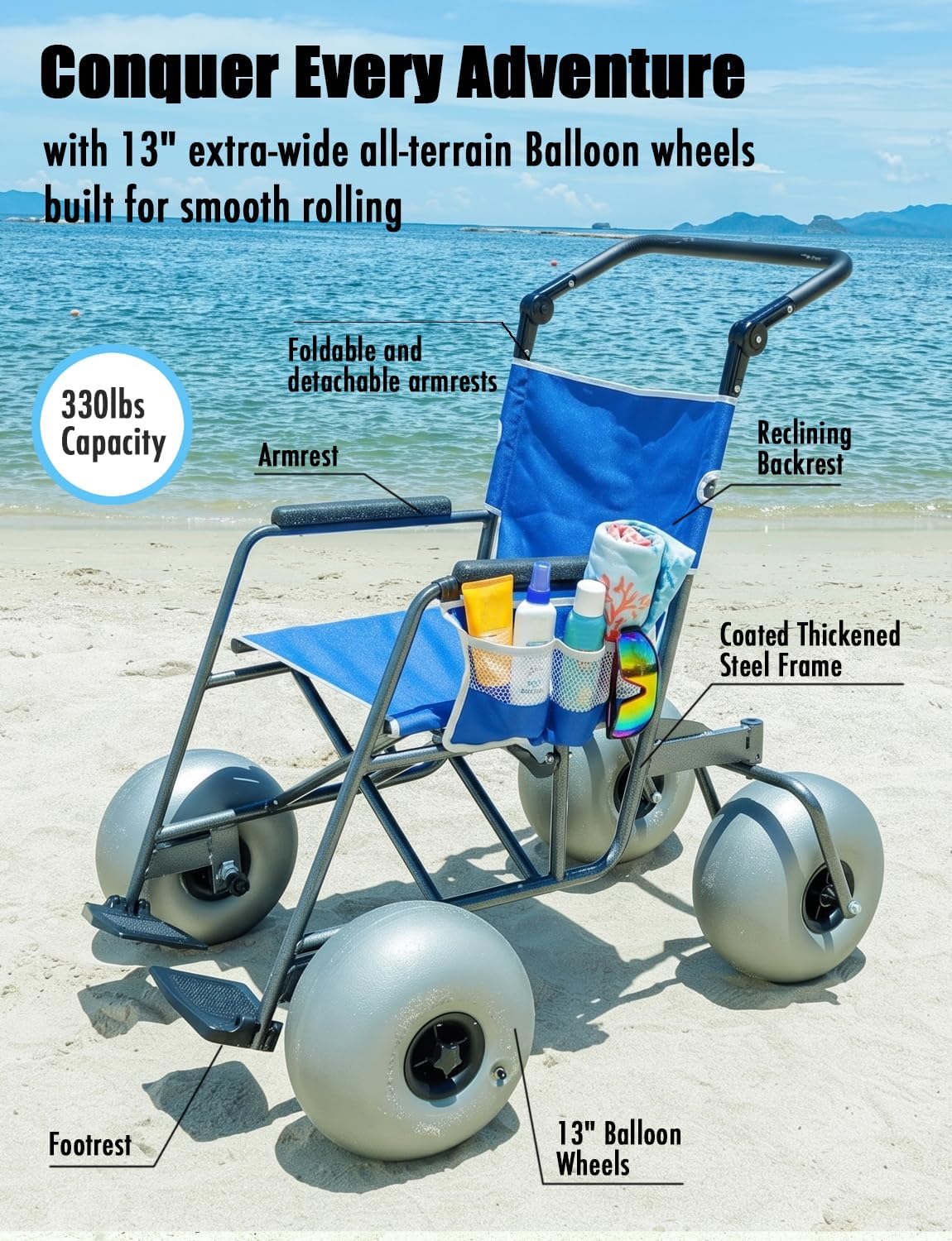 Beach Sand Wheelchair Foldable Heavy Duty, All Terrain Wheel Chair with 13'' Balloon Tires for Soft Sand, Beach Mobility Scooter & Beach Walker Alternative, 330 lbs Capacity