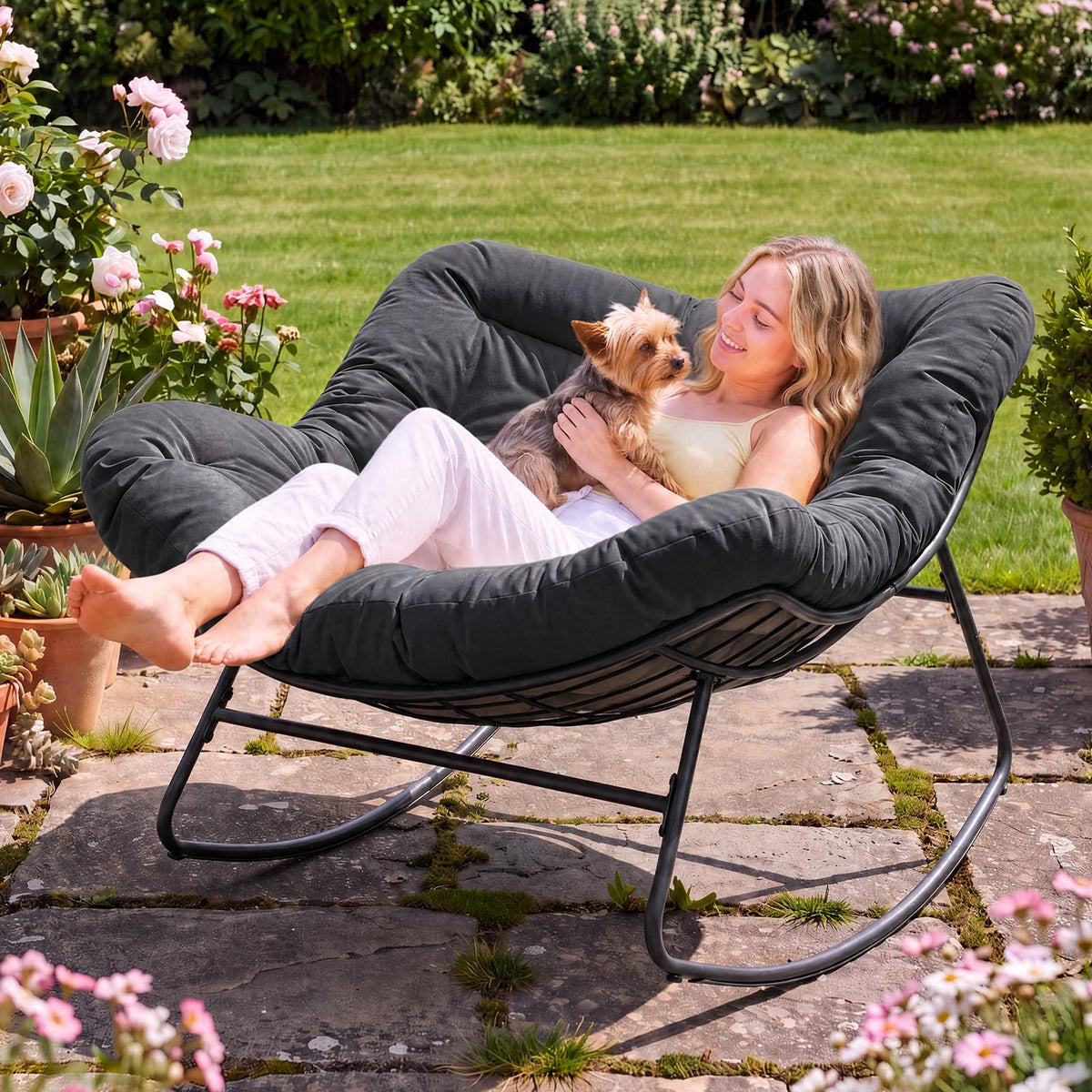 Papasan Rocking Chair, Oversized Outdoor Egg Chair with Thick Cushion