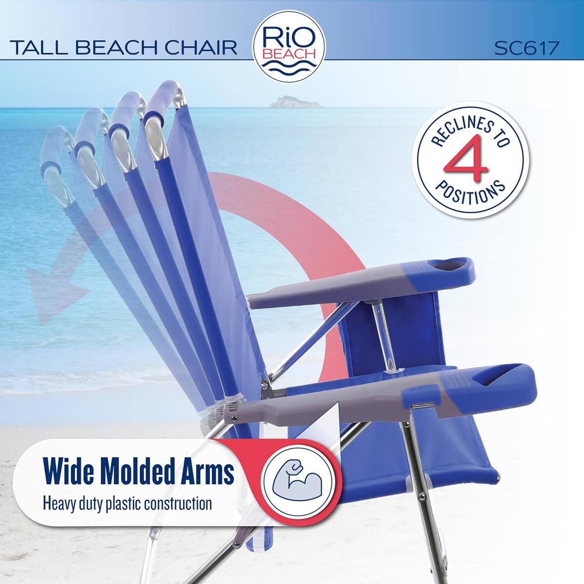 Rio Beach 2-Pack 17" Extended Height 4-Position Folding Beach Chair, Blue/White