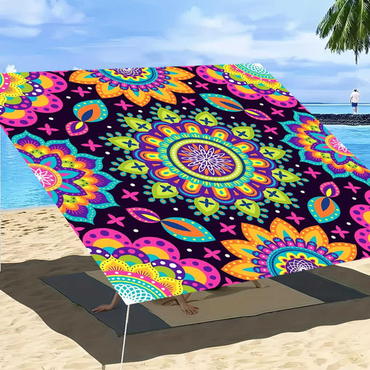 Miytal Blacklight Outdoor Sunshade Sail – 6' × 6' UV Reactive Mandala Canopy, Glow in the Dark Neon Tie-Dye Patio Shade Cloth for Garden, Backyard, Deck & Party Decor