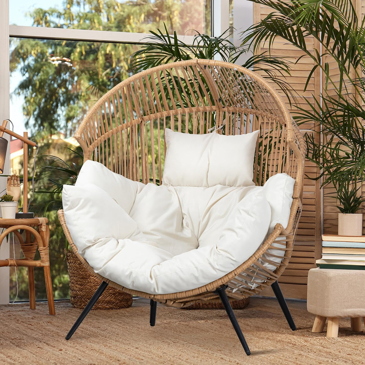 JAMFLY Egg Chair Rocking Chairs, Wicker Patio Chair Oversized Lounger Chair with Cushion for Indoor Living Room Bedroom Outdoor Patio Backyard Balcony Garden, Cream White