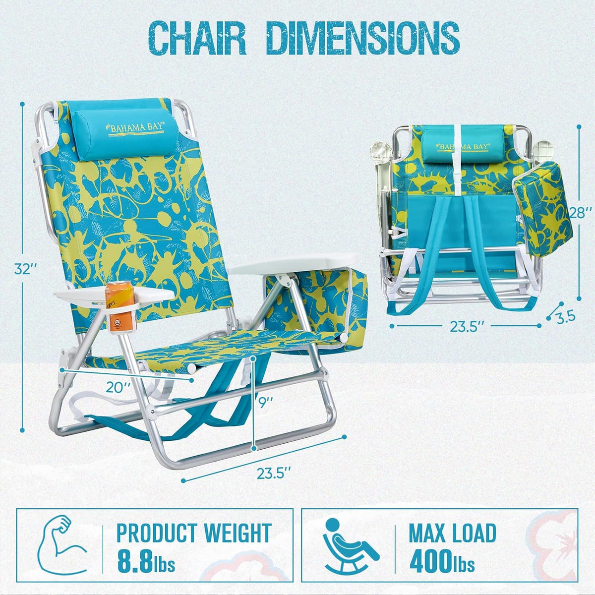 Old Bahama Bay Backpack Beach Chair 2 Pack, Aluminum Lightweight Reclining 5-Position Lounge Chair for Adults Heavy Duty Support 400 LBS Portable Folding with Cooler Bag Camping Chair for Sand Outdoor