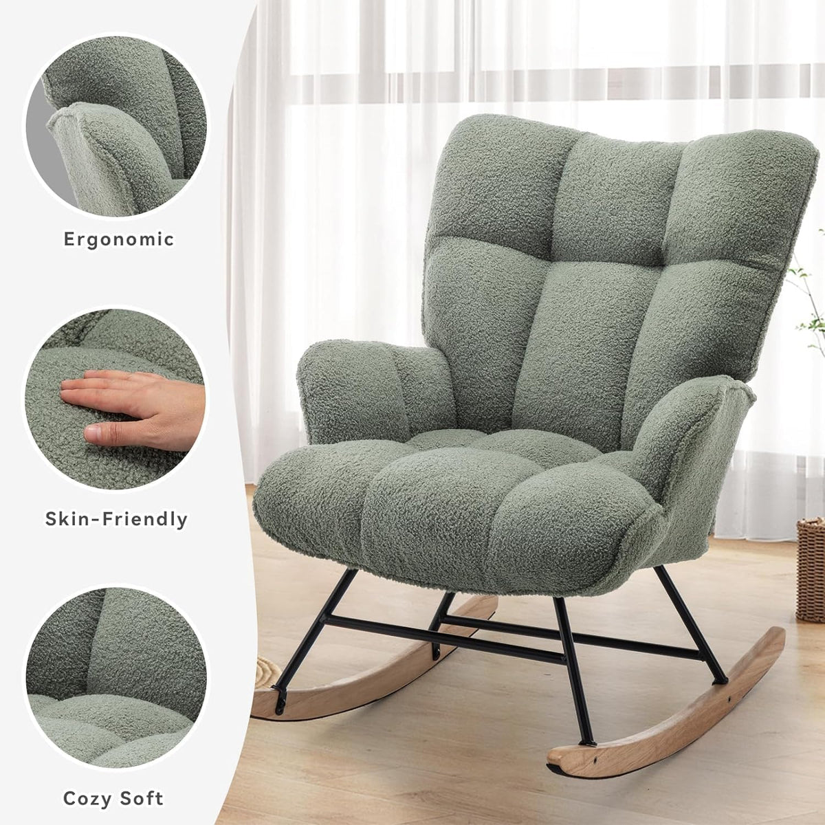 SAETSFEG Rocking Chair Nursery Teddy Upholstered Glider Rocker Rocking Accent Chair Padded Seat with High Backrest Armchair Comfy Side Chair for Living Room Bedroom Offices (Sage Green Teddy)