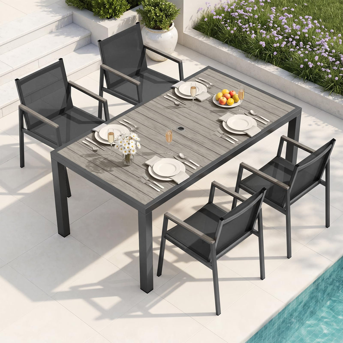Outdoor Dining Set, 7 Piece Aluminum Patio Table and Chairs Set, All Weather Patio Dining Furniture Set with Umbrella Hole for Backyard, Deck, Poolside (Gray-Teak)