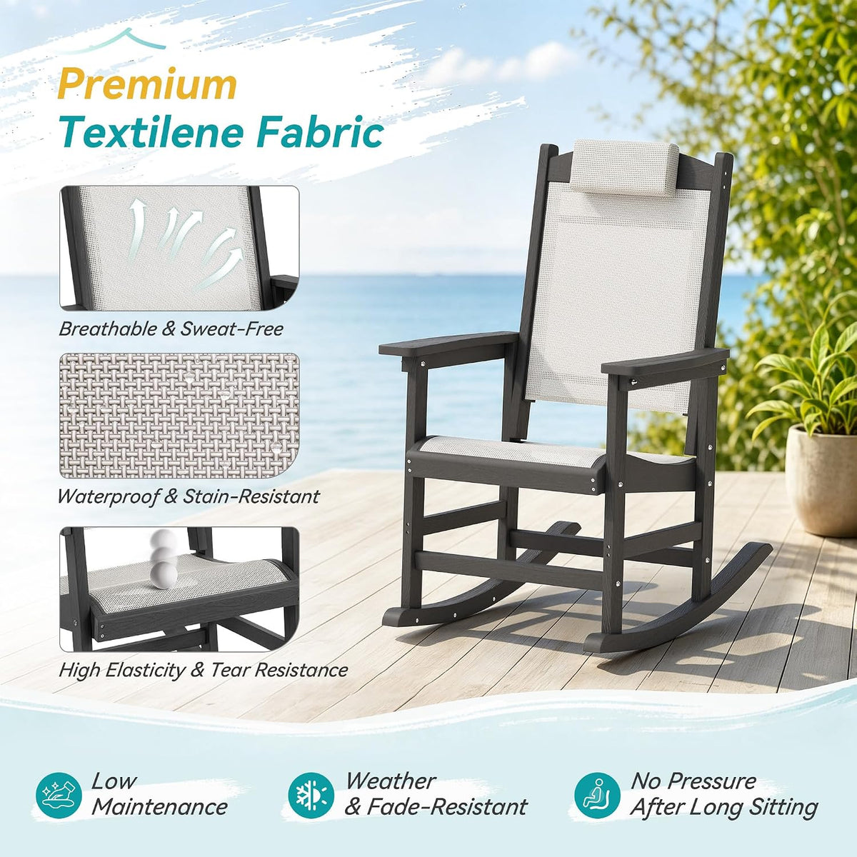 Outdoor Rocking Chair Set of 2 with Removable Headrest, HDPE All-Weather Rocker with Breathable Textilene, Patio Rocking Chairs for Adult, High Back Smooth for Porch, Garden, Lawn, Black
