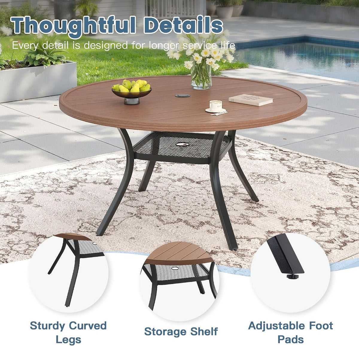 DIFY 48" Round Patio Dining Table for 6, All Weather Round Outdoor Metal Dining Table with 1.57" Umbrella Hole, Perfect for Backyard Lawn Garden, Walnut