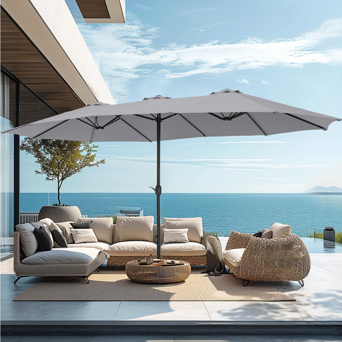 PHI VILLA 15ft Large Outdoor Patio Umbrella with Base Included, Beige
