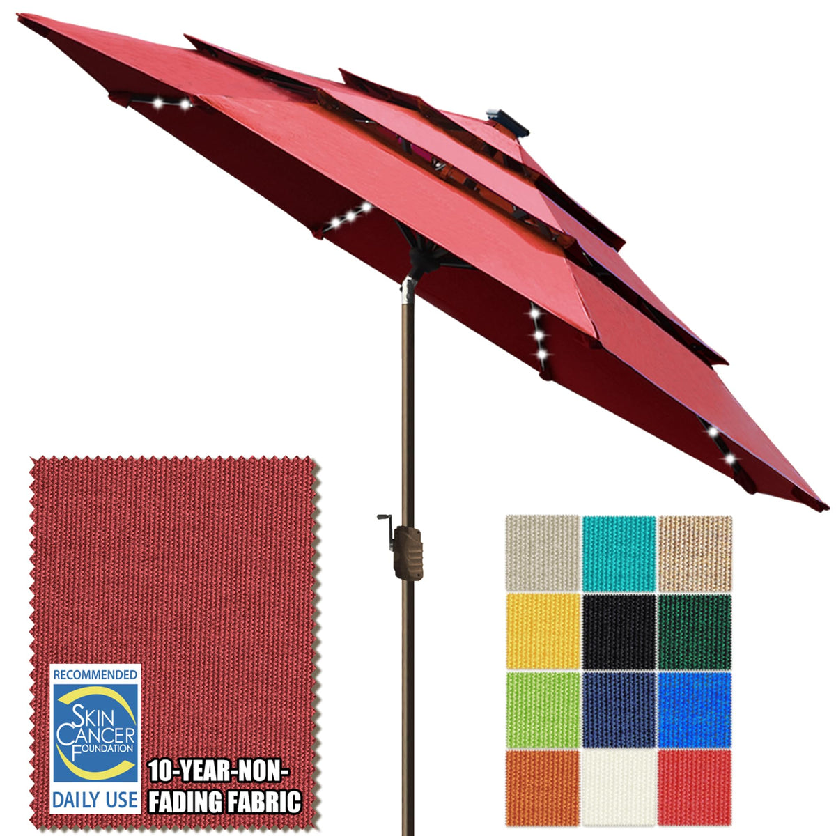 EliteShade USA 10-Year-Non-Fading 9ft 3-Tier Market Patio Umbrella, Commercial Table Umbrella with 80 Solar LED Lights, Crank Open, Windproof & UPF 50+ UV Protection for Garden, Deck, Pool, Backyard, Heather Beige