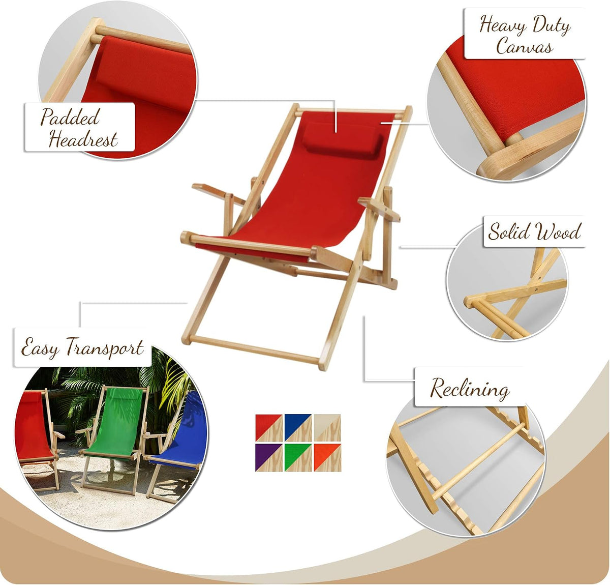 Casual Home Adjustable Sling Chair Natural Frame, Natural Canvas 26.5D x 42W x 33H in