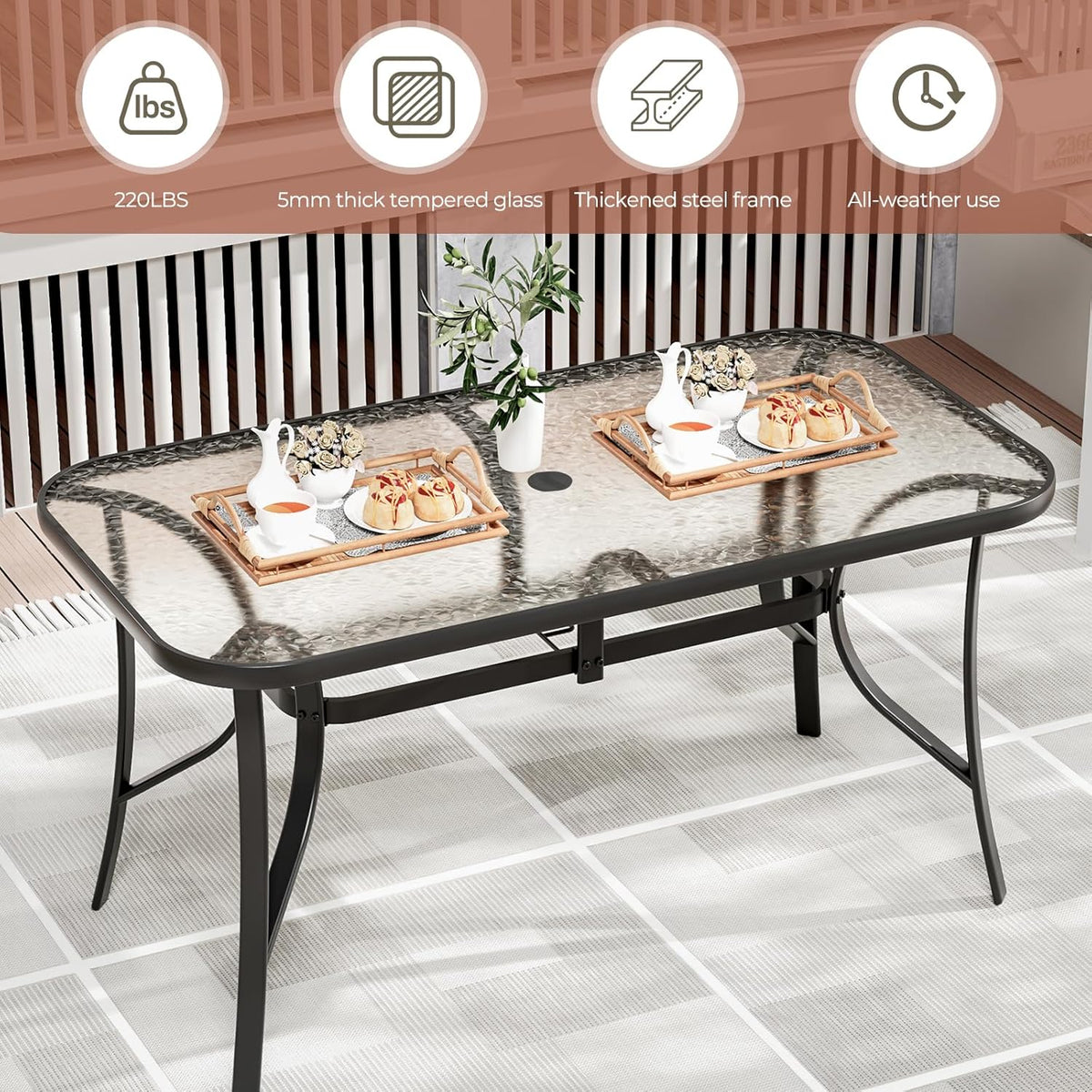 TLSUNNY Patio 30"X 55" Rectangular Glass Table with 1.69″ Umbrella Hole