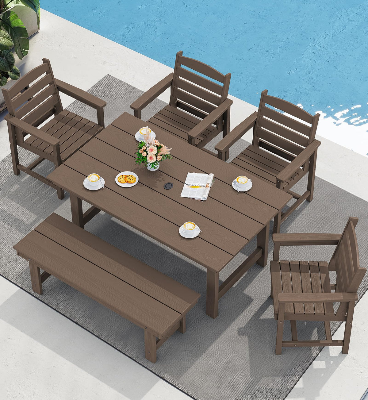 SERWALL 7 Pcs Outdoor Dining Set, 67" HDPE Dining Set for 6, Black