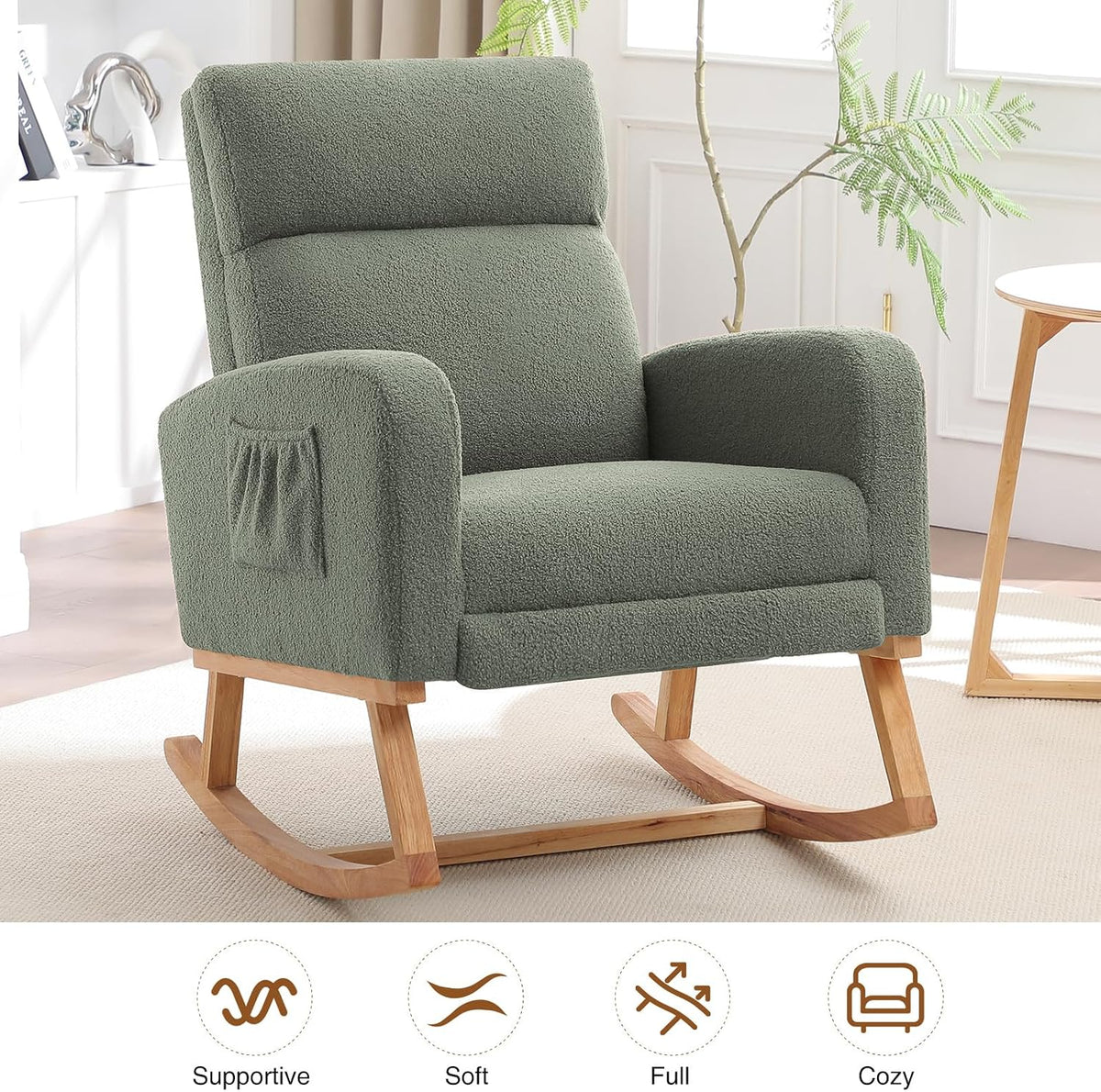 HCHAIRH Rocking Chair Nursery with Foot Rest, Nursing Rocking Chairs for Mom Nursery, Teddy Rocker Glider with High Backrest for Living Room, Bedroom, Teddy Green