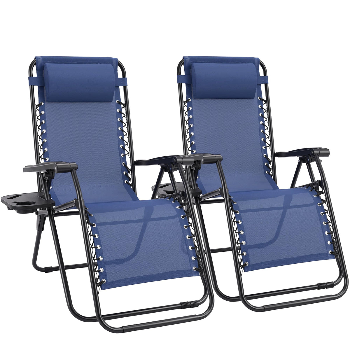 Sweetcrispy Zero Gravity Chairs Set of 2, Outdoor Folding Reclining Lounge Chair with Cup Holder Tray & Adjustable Pillow, Portable Camping Beach Patio Poolside Lawn Yard Chair, Classic Blue