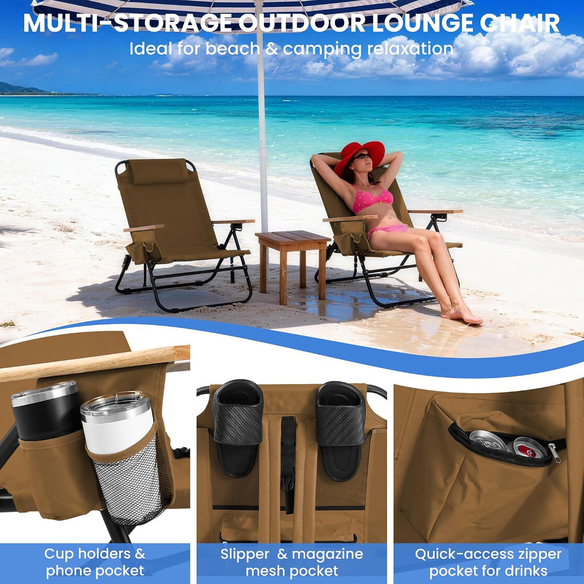 Premium Portable Camping Chair 5-Position Recliner Beach Folding Lightweight Outdoor Chair with Wooden Armrests, Headrest, Multi-Pockets Heavy Duty 350lbs, for Patio, Backyard, Brown