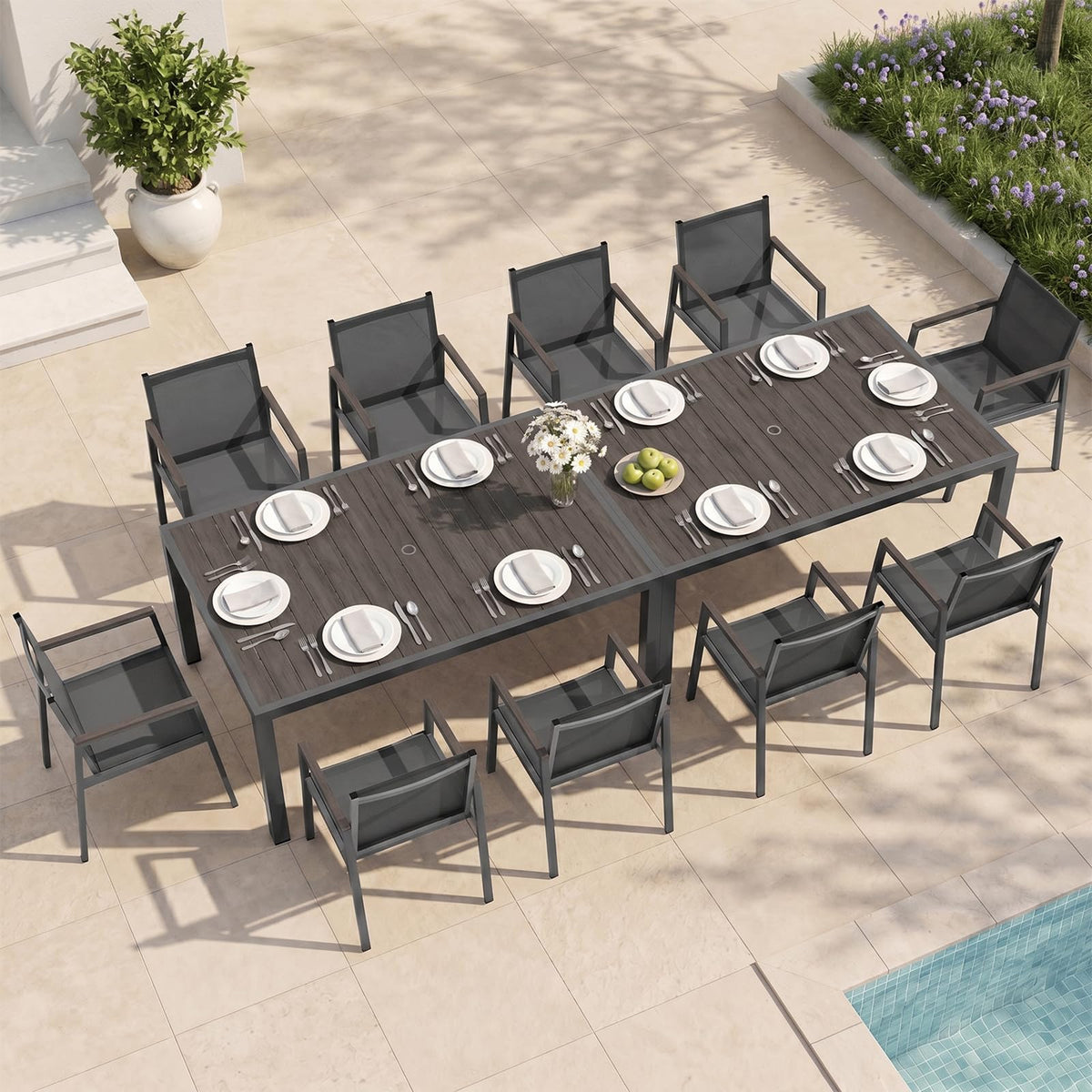 Outdoor Dining Set, 7 Piece Aluminum Patio Table and Chairs Set, All Weather Patio Dining Furniture Set with Umbrella Hole for Backyard, Deck, Poolside (Gray-Teak)