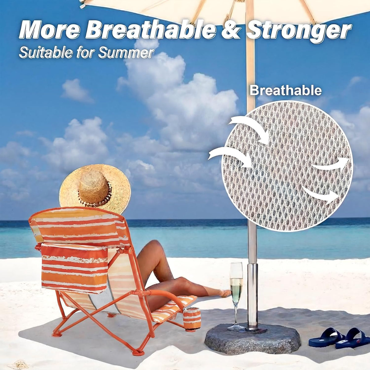 Beach Chairs for Adults 2 Pack,Heavy Duty Folding Low Back Camping Chairs w/Cooler Bag,Mesh Back,Cup Holder & Storage Bag,Compact Sling Chair for Lawn,Picnic,Travel,Orange Strip