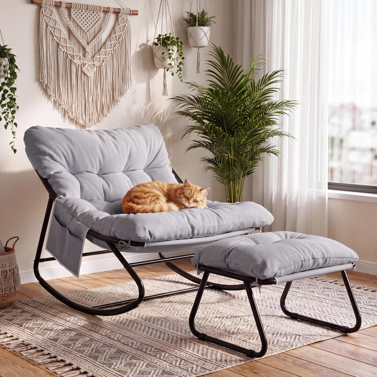 Arlopu Outdoor Rocking Chair with Ottoman, Papasan Rocking Chair