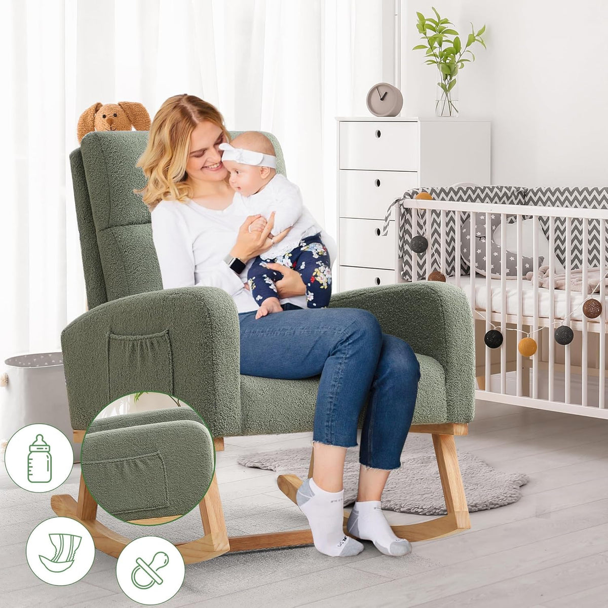 HCHAIRH Rocking Chair Nursery, Boucle Teddy Nursing Rocking Chairs, Upholstered Nursery Glider Rocker for Mom Nursery Morden Accent Rocking Chair with Side Pocket for Living Room,Bedroom, Light Green