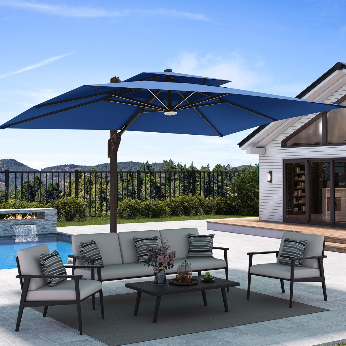 Deconk 9' X 12' Patio Cantilever Outdoor Umbrella with Base and LED Lights