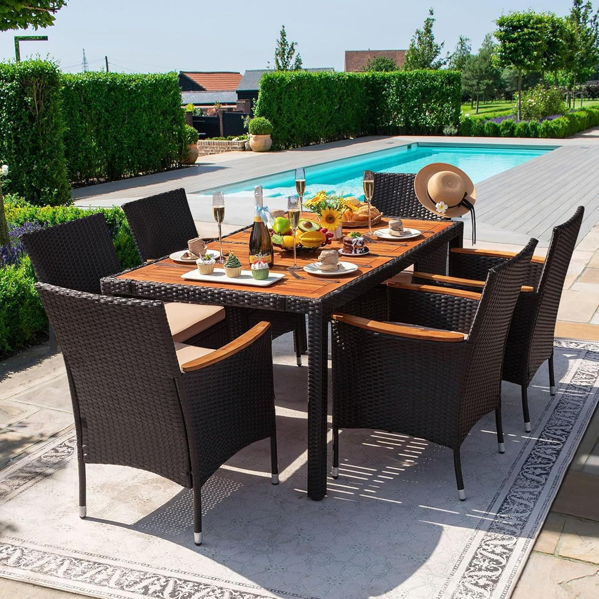 Devoko 7 PCS Acacia Wood Patio Dining Set, Black Rattan