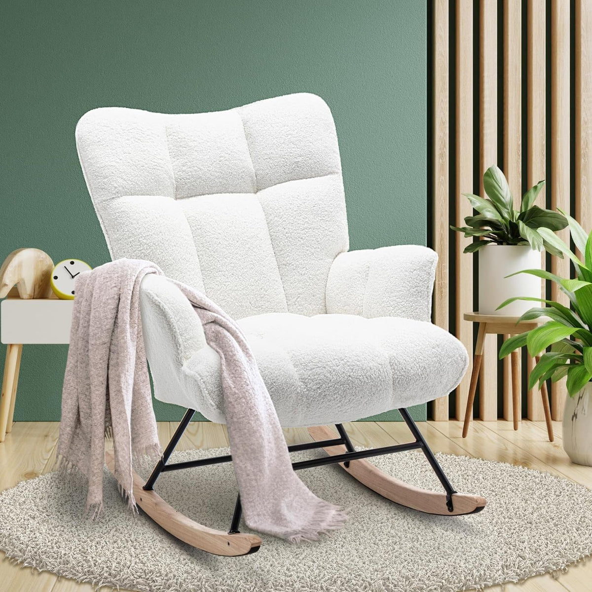 SAETSFEG Rocking Chair Nursery Teddy Upholstered Glider Rocker Rocking Accent Chair Padded Seat with High Backrest Armchair Comfy Side Chair for Living Room Bedroom Offices (Grey Teddy)