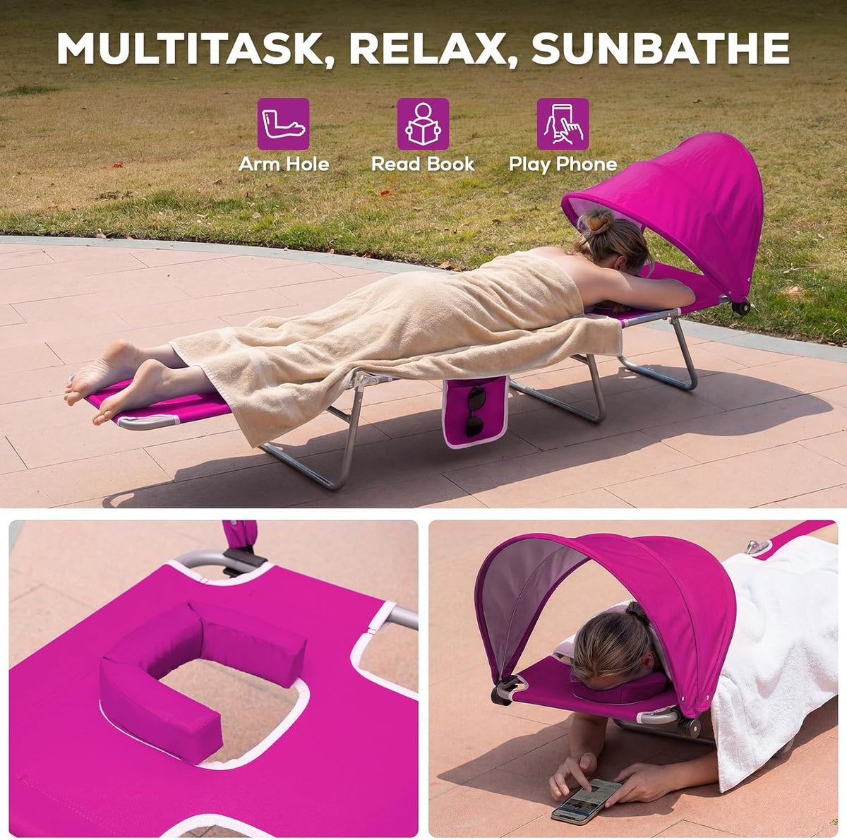 Romswi 1PK Folding Tanning Beach Chair with Face Hole & Canopy Shade, 5-Position Reclining Sun Lounger, Portable Face Down Tanning Chair with Arm Holes & Side Pocket for Beach, Pool & Patio, Neon Pink