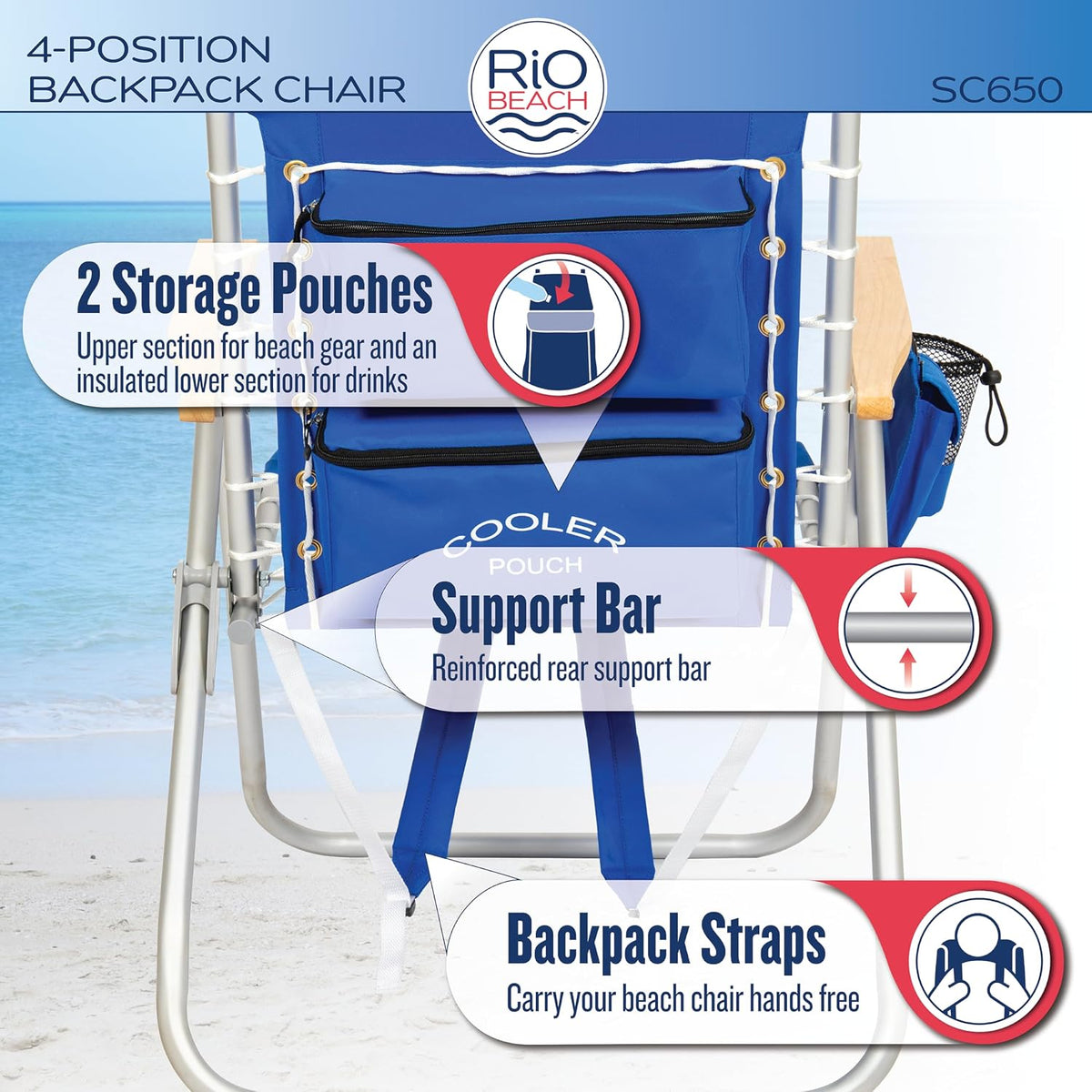RIO Gear 4-Position Hi-Boy Backpack Beach Chair -Aluminum, Stripe