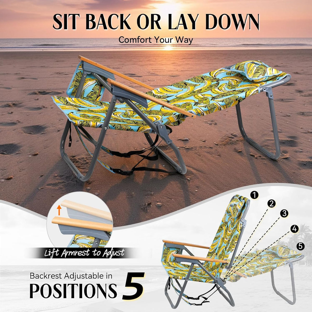 Backpack Beach Chair Wide Seat High Back Folding Camping Chair for Adults 5-Position Recline Supports 400lbs Portable Chair with Cup Holder Cooler Bag Storage Pouch for Outdoor Lawn Picnic