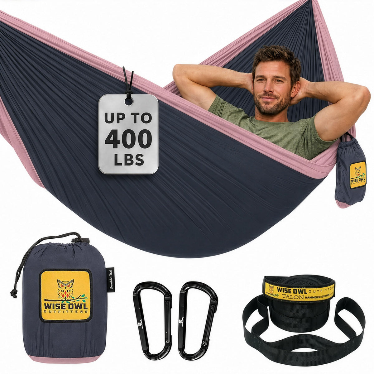 Wise Owl Outfitters Camping Hammock – up to 500lbs Portable Hammock with Tree Straps - Travel, Backpacking, Hiking, Outdoors Camping Gear - Single or Double