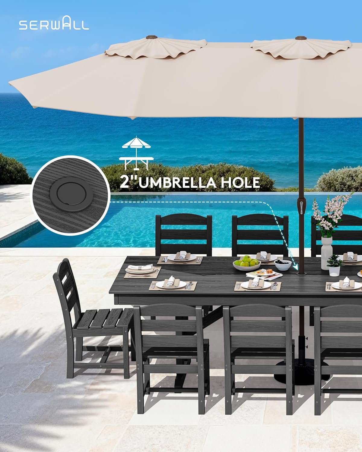 SERWALL Outdoor 84" HDPE Rectangular Dining Table for 6-8,All-Weather,Black