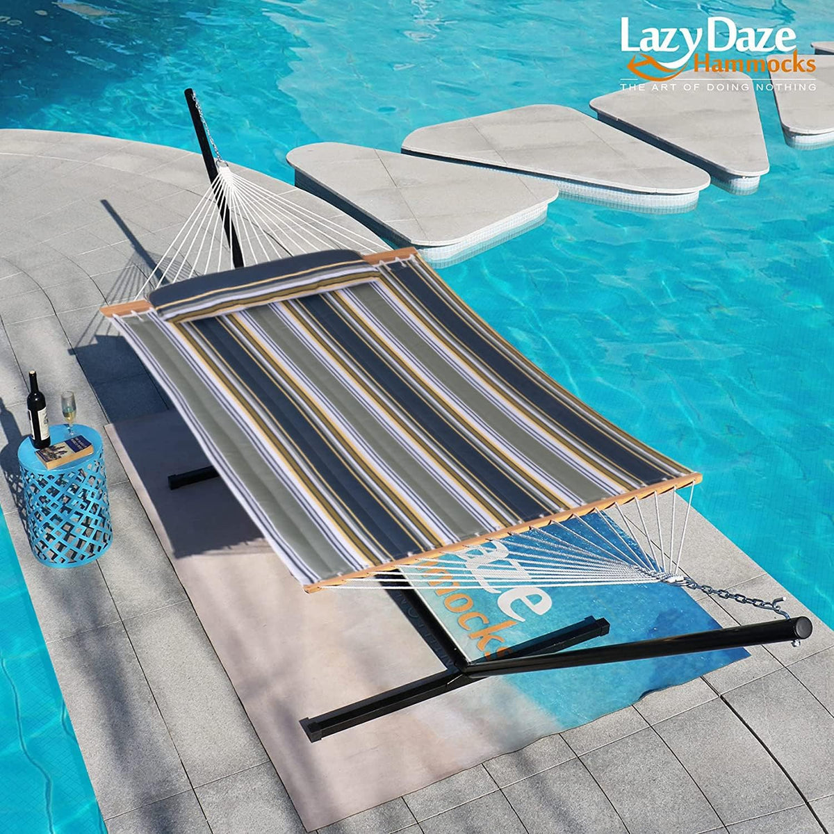 Lazy Daze Double Quilted Hammock with Carabiners & Soft Pillow for Outside