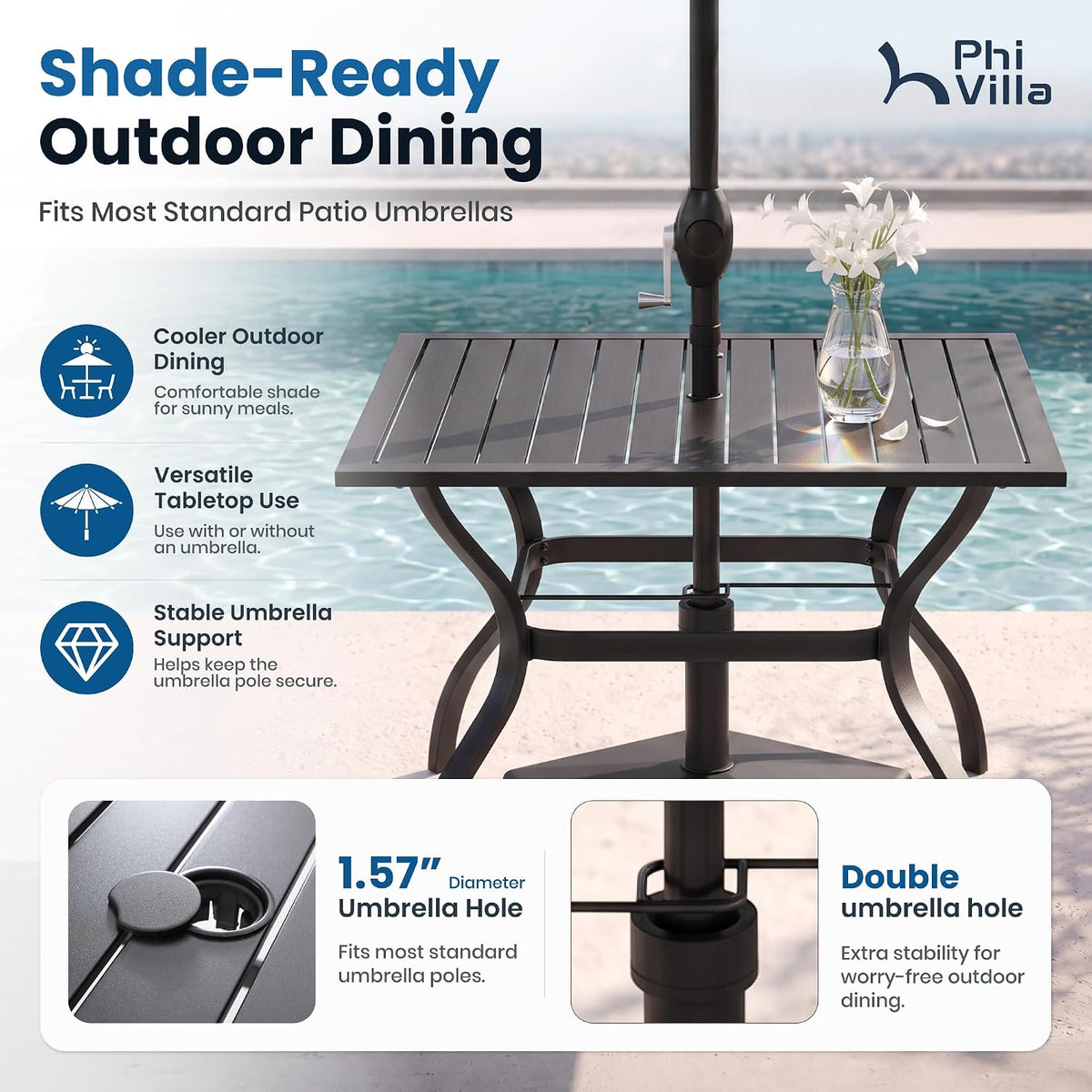PHI VILLA Patio Table w/Umbrella Hole, Black Metal Dining Table for 4