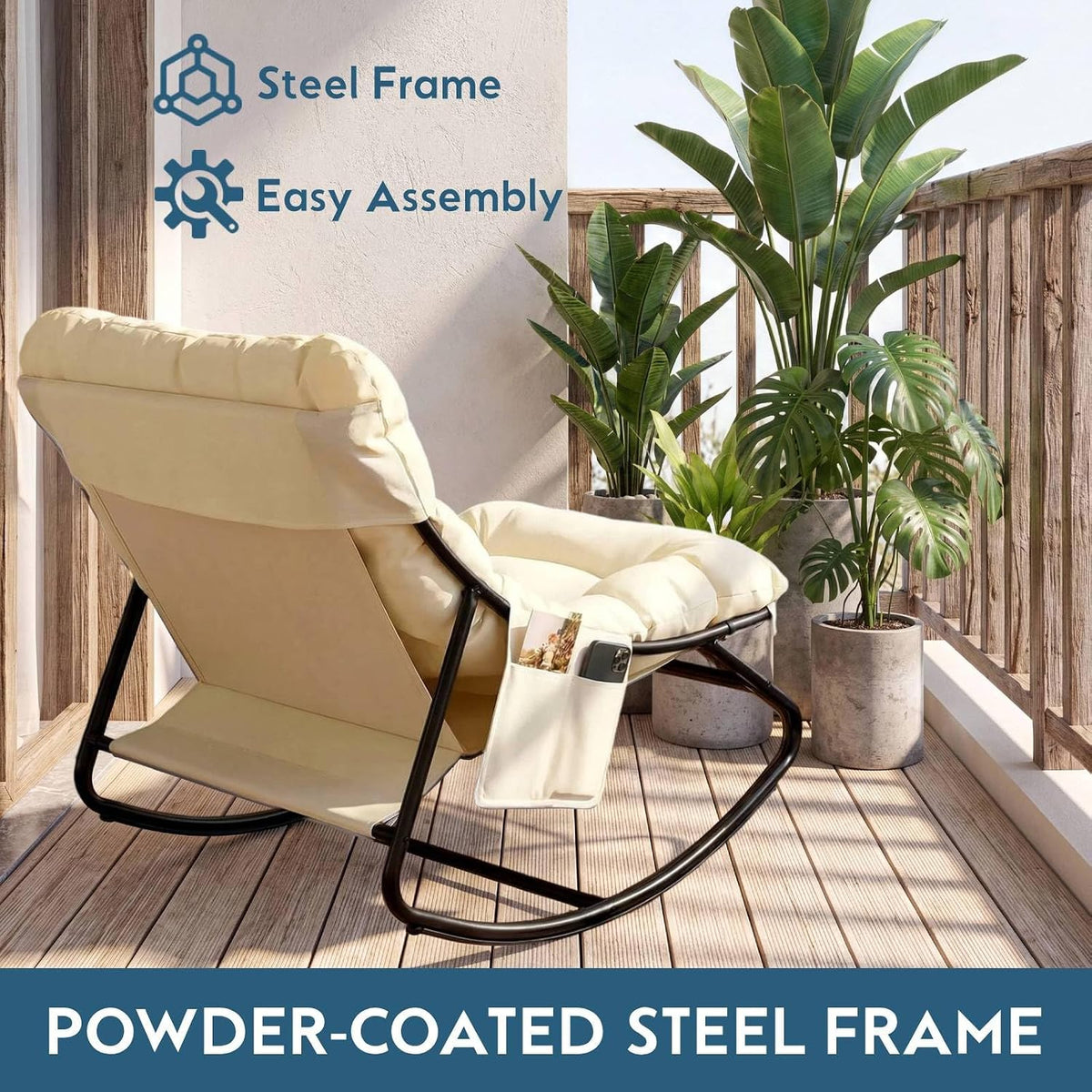 Arlopu Outdoor Rocking Chair with Ottoman, Papasan Rocking Chair
