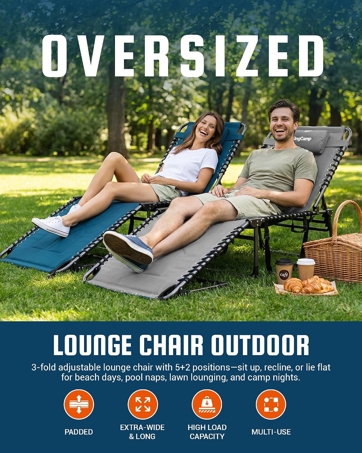 KingCamp Oversized Padded Lounge Chair 440lbs Tanning Chair, Grey