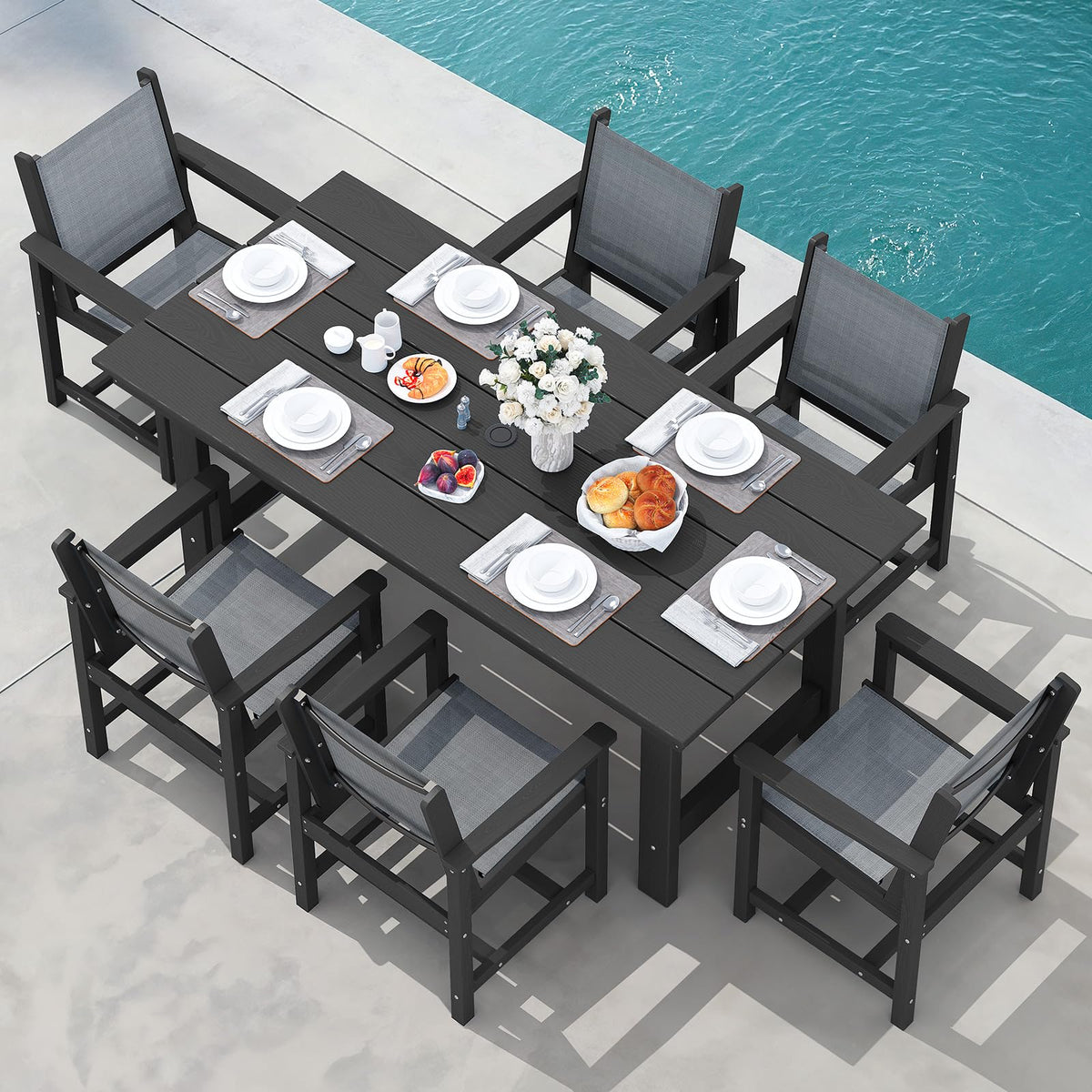 SERWALL 7 Pcs Outdoor Dining Set, 67" HDPE Dining Set for 6, Black
