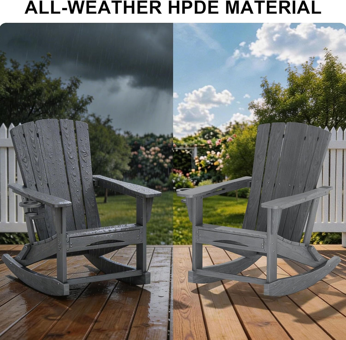 Adirondack Rocking Chair with Retractable Ottoman,Outdoor Folding Adirondack Chair with Cup Holder,HDPE All-Weather Patio Lounge Chair for Porch,Lawn, Poolside, Grey
