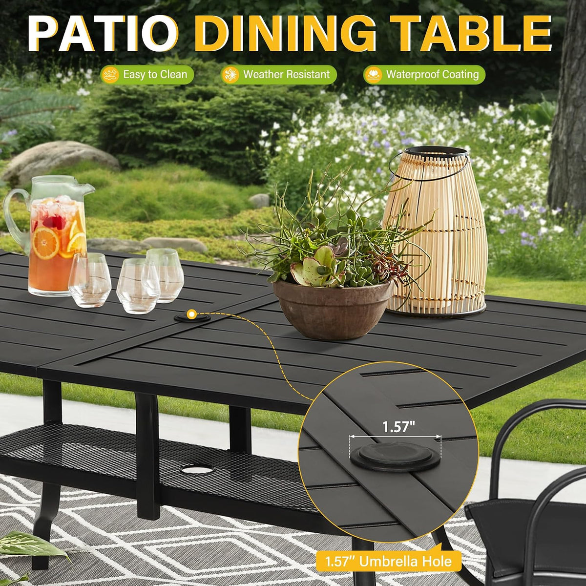 Incbruce Patio Dining Table, 60" x 36" Rectangle Metal Steel Slat Table, with 1.57" Umbrella Hole, for Backyards, Porches, Gardens or Poolside