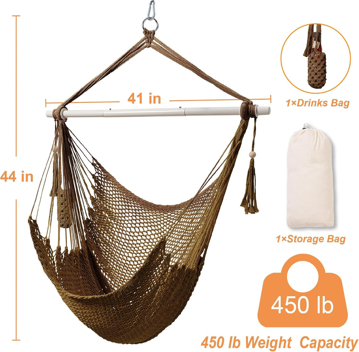 Lazy Daze Hanging Rope Swing Chair, Steel Spreader Bar Hammock Chair