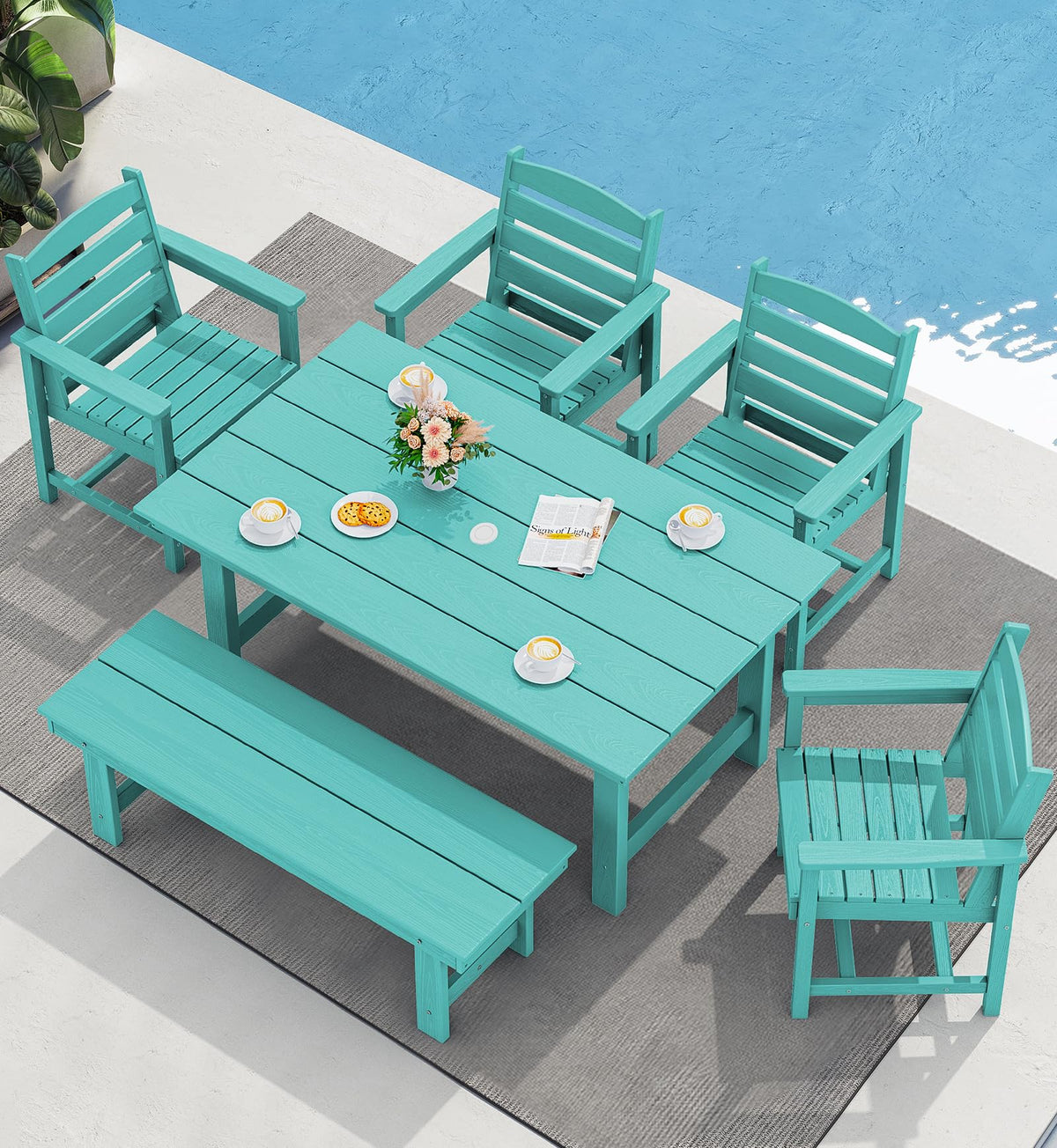 SERWALL 7 Pcs Outdoor Dining Set, 67" HDPE Dining Set for 6, Black