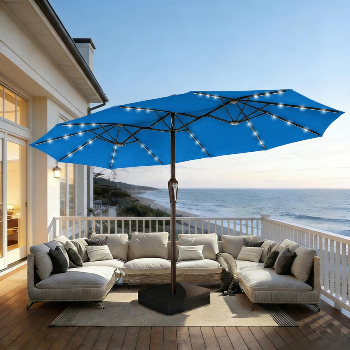 15FT Patio Umbrella with Solar Lights, Double-Sided Extra Large Outdoor Table Umbrella with Base Included, Heavy-Duty 12 Iron Ribs Market Umbrella for Garden, Pool, Backyard, Turquoise Blue