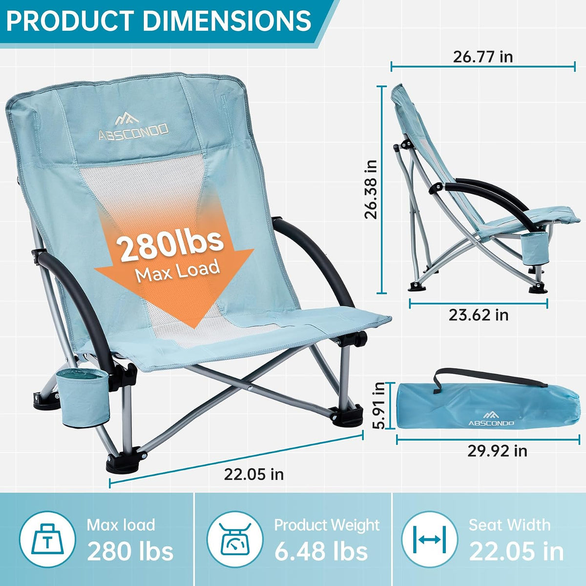 ABSCONDO Portable Low Beach Chairs for Adults, Sky Light Blue, 2 Pack