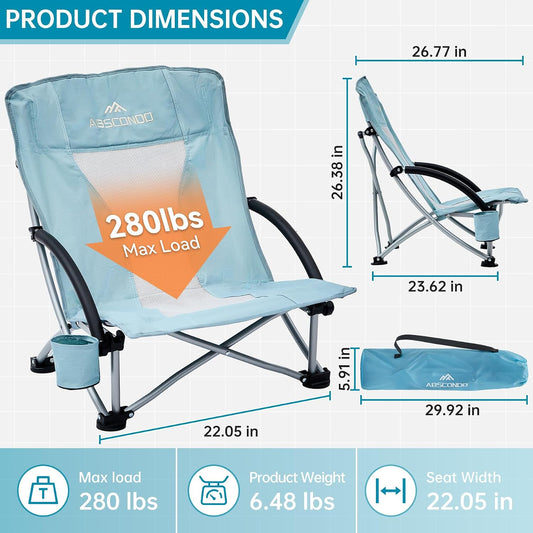 ABSCONDO Portable Low Beach Chairs for Adults, Sky Light Blue, 2 Pack