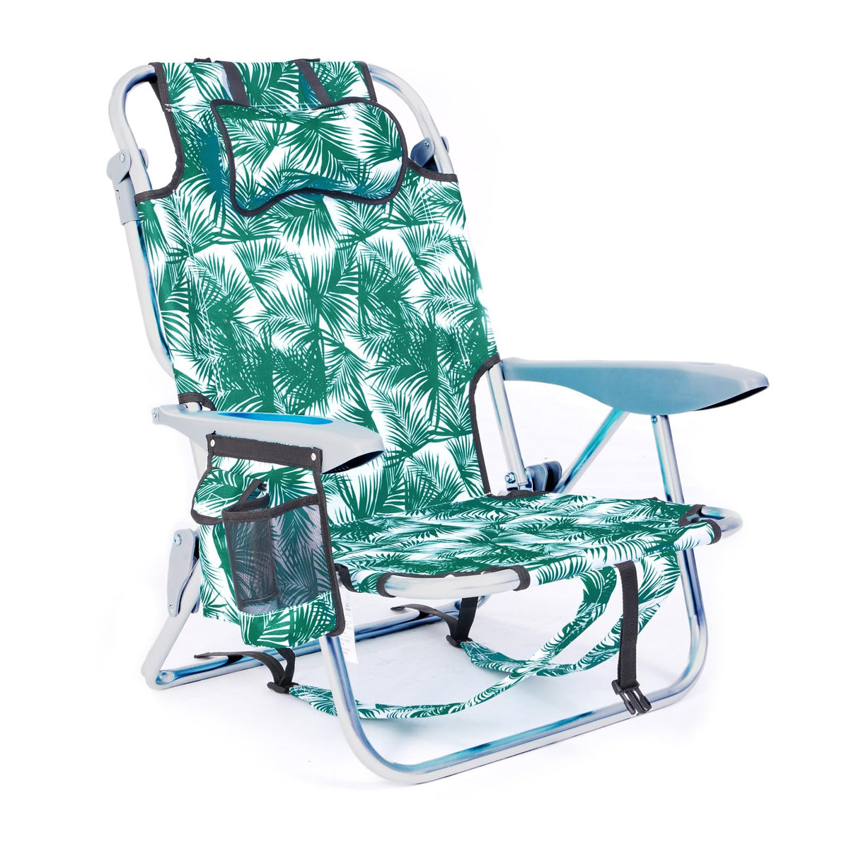 Portable Beach Chair for Adults, Outdoor Camping Chair Lay Flat Folding Backpack Beach Reclining Chair with 5 Positions, Headrest, Zipper Pouch, Cup Holder, Blue