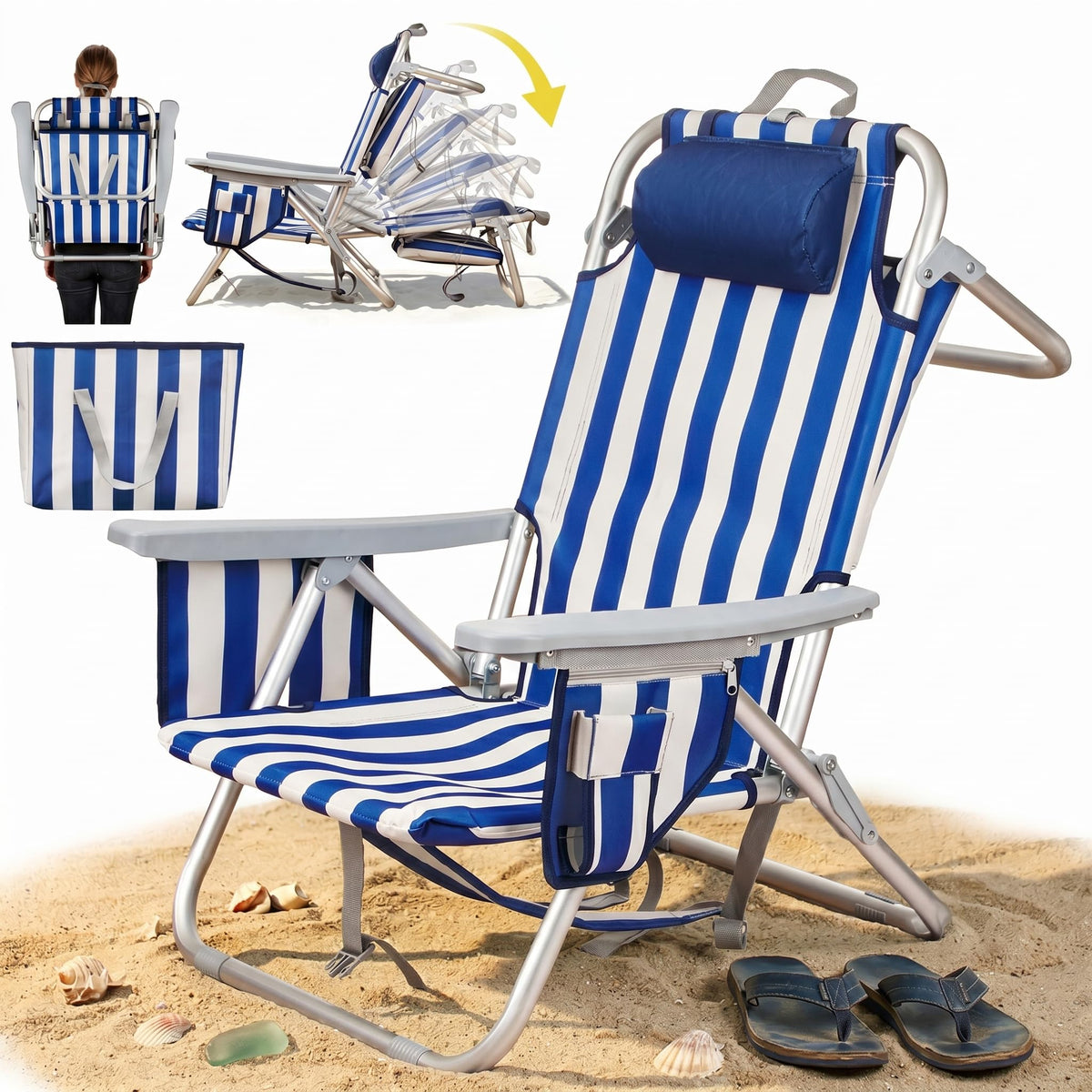 Aluminum Backpack Low Profile Beach Chair - 5-Position Lay Flat Reclining Folding Chair with Removable Cooler Bag - Heavy Duty 330 lbs Capacity, Lightweight Portable Sand Seat(1, Stripe Blue)